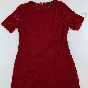 Sharagano Dress Red Scalloped Hem Lace Crewneck